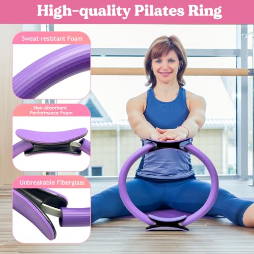 Pilates Ring 13 Piece Set,Pilates Kit for Women Exercise Equipment Accessories Deformation Magic Circle with Padded Handles, Workouts Ball, Guide & Bag, Resistance Bands for Legs Arms and Thighs - color: Purple