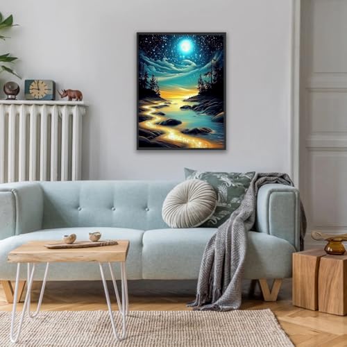 DIYDECORFUN Moon Beach Diamond Art Kit for Adults,5D Full Drill Round Diamond Dot Painting for Beginners,DIY Paint with Diamond Beach Gem Art Painting Adult Crafts for Wall Decor 12x16Inch - color: QD90