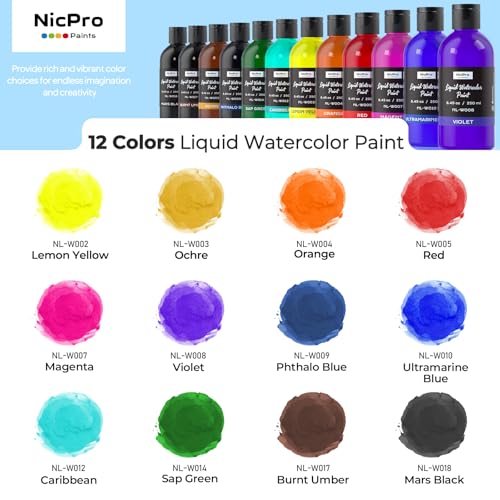 Nicpro 12 Colors Liquid Watercolor Paint Set, 8.45oz Large Bulk Water Color | Non-Toxic Liquid Watercolor Paint, Painting Supplies for Art Activity, Craft DIY, Poster, School, Home, Classroom, Party - color: 12 Colors, size: 8.45 Fl Oz (Pack of 12)