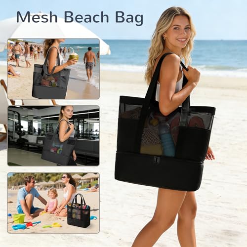 Mesh Tote Beach Bag with Leakproof Wet Compartment - color: Black