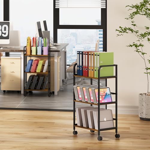 Feyejade Rolling Book Cart with Removable Dividers, 3-Tier File Cart with Wheels, Utility Storage Rack for Office, Home, Classroom, Art Supply Organizer, Binder and Laptop Shelf Rack