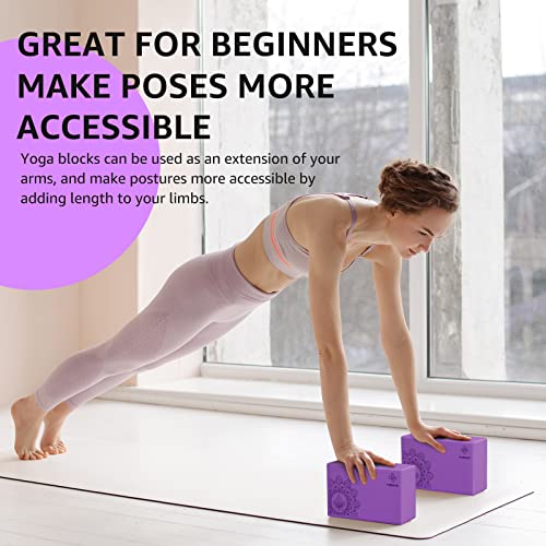 Overmont Yoga Block 2 Pack Supportive Latex-Free EVA Foam Soft Non-Slip Surface for General Fitness Pilates Stretching and Meditation 9"x6"x3" Yoga Strap Included - color: Purple