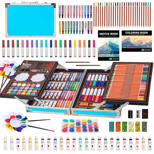 KINSPORY Deluxe Art Supplies Kit for Kids, Boys, Girls, Teens, Ages 5-12, with Sketch Pad, Watercolors, Crayons, Pencils, Markers, Oil Pastels, Palettes, Brushes, Erasers - Blue | Art Supplies Case with 1 Sketchbook & 1 Coloring Book, Art Box for Beginner