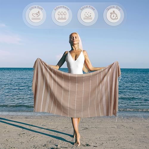 Ossano Turkish Beach Towel Absorbent & Quick Dry Oversized (39" x 71") - Decorative, Versatile and Functional as Yoga Mat, Picnic Blanket, Travel Blanket, Bath, Shower, Gym Towel - Beige - color: Beige