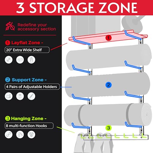 Home Gym Wall Storage Shelf, 1 Board & 4 Adjustable Holders Sets | gym wall storage shelf with 4 adjustable holder sets and 8 hooks for mats, bands, shoes and workout gear - style: With 1 Board