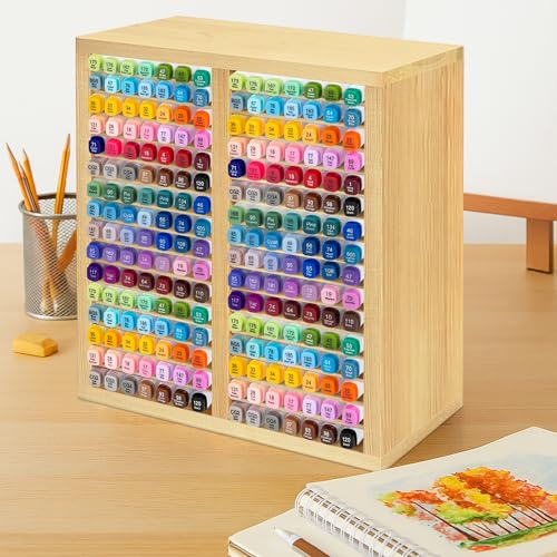 PROLEE Marker Organizer for 224 Markers, Wooden Alcohol Marker Holder with 32 Compartments, Horizontal Art Pen and Pencil Storage Rack for Desk, Classroom and Studio, Natural - color: Natural, size: 224 Markers,15“x11”x5.2“