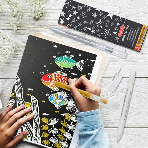 PANDAFLY Gold Silver White Gel Pens, 3-Pack, 0.5mm Fine Point | 3 Colors Archival Ink Pens for Highlights, Black Paper Drawing, Sketching, Illustration, Card Making, Bullet Journaling - style: Gold Silver White-0.5mm