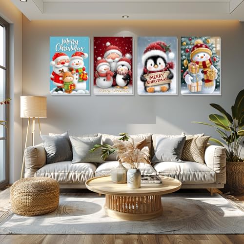 Bowetile 4 Pack Framed Paint by Numbers Christmas for Adults Beginners, Adults' Paint-by-Number Santa Claus Kits on Canvas, Acrylic Snowman Number Painting Crafts Kits Gifts for Home Decor, 8x12in - color: Santa Claus, Snowman, Penguin