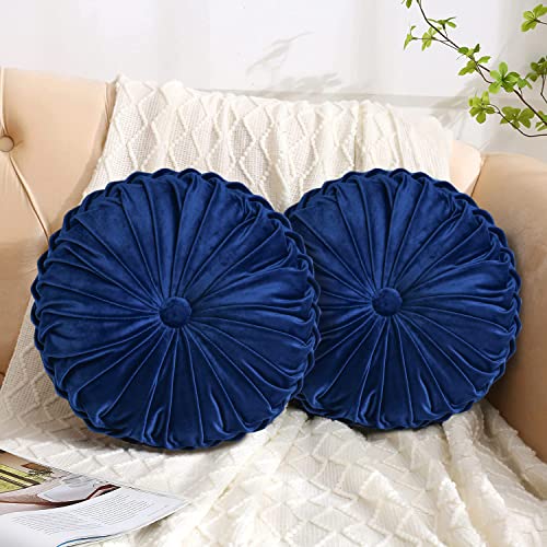 HIG Set of 2 Navy Velvet Decorative Round Pleated Throw Pillows - color: Navy