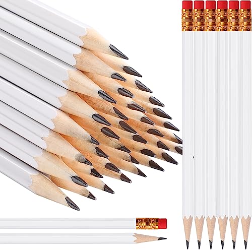 TecUnite 60 Pcs HB Pencils #2 Unsharpened Wood Cased Pencils with Eraser Hexagonal Pencil Cute Graphite No 2 Pen for Adults Gifts Exam School Office Sketching Learning(White, Gold) - color: White, Gold