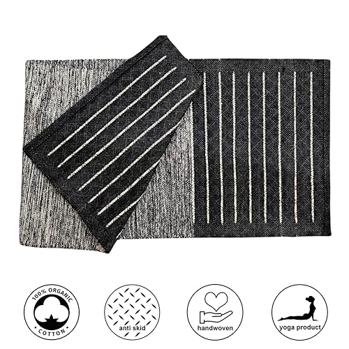 Indian Handmade100 % Organic Anti Skid Multi Colour Cotton Yoga Mat - Eco-Friendly Hand-Woven Rug - Non-Slip & Thick (24”x72”x5mm) for Hot yoga & Everyday Fitness at Home - Comfortable & Foldable Extra-Long Mat - color: BLACK 007