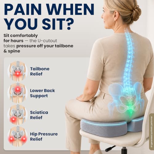 5 STARS UNITED Seat Cushion - Memory Foam Chair Cushion for Tailbone Pain Relief - Ergonomic Support for Coccyx, Sciatica & Butt - Office, Desk & Gaming Chair, Car Seat, Wheelchair, Airplane, L Gray - color: Light Gray, size: Large
