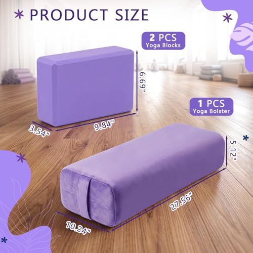Chalyna 3 Pcs Yoga Bolster Pillow & Yoga Blocks Set Stretching and Back Support Lightweight Foam Blocks Portable Handle Soft Non-slip Surface Reusable for Pilates Meditation Balance Purple