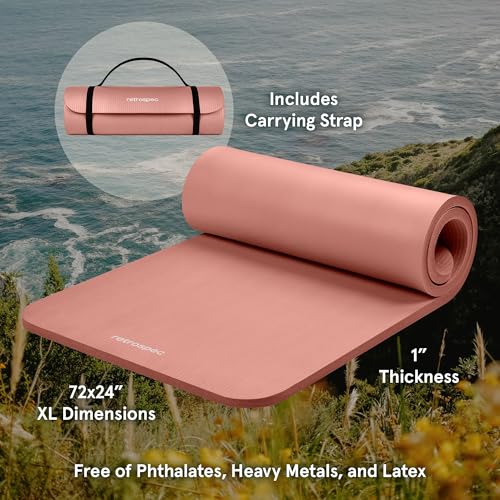 Retrospec Solana Yoga Mat 1" Thick w/Nylon Strap for Men & Women - Non Slip Exercise Mat for Home Yoga, Pilates, Stretching, Floor & Fitness Workouts - color: Rose