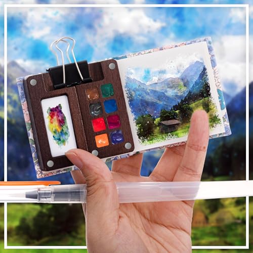 Qilery Mini Portable Watercolor Palette Set Wooden Grid Paint Box Watercolor Paper Sketch Book Brush Pens with Binder Clip for Painters Artist Not Include Paint(Summer Flowers) - style: Summer Flowers