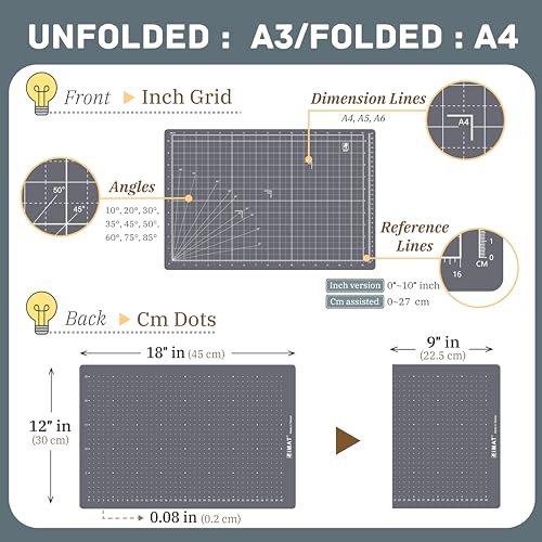 iMAT Flip Cutting Mat Note A3 Foldable Double-Sided Ash Grey | Inch grid front with cm dot back for dual-unit measuring. 12" x 18" size, ideal for cutting, crafts, sewing, and DIY projects - color: Ash Grey