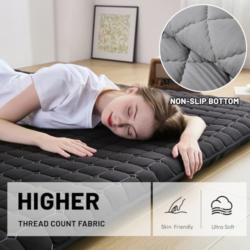 Zelladorra Japanese Floor Mattress, Anti-Slip Japanese Futon | Portable Floor Mattress, Roll Up Sleeping Mat with Storage Bag, ideal for Guests and Camping, Black - color: Black, size: Twin (80"L x 39"W)