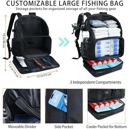 Fishing Backpack with Tackle Boxes and Rod Holder, Cooler, 30L Large Tackle Bag with Fishing Gear Lures Kit, Waterproof Bottom tackle Backpack Fish Set Gifts for Men Women-Black Back Pack - color: All Black