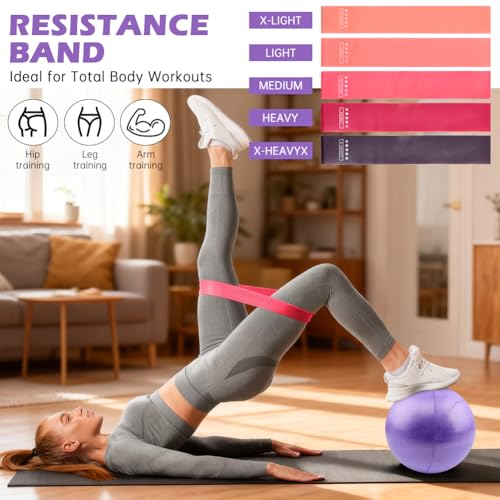 Pilates Essentials Kit for Women, 14 Pcs Pilates Equipment for Home Workouts with Yoga Circle Ball Ring, 5 Resistance Bands,Pedal Puller Resistance Band - color: Purple