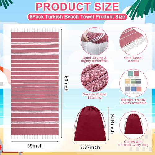 Peryiter 8 Pcs Oversized Cotton Turkish Beach Towels with Storage Bags – Stripe, Quick Dry, Sand-Free, Lightweight 39×71 Inch Towels for Pool, Beach, Yoga, Camping, Spa
