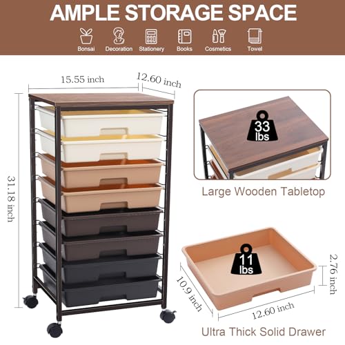 SYKIARIOL Rolling Cart with Drawers, 8 Drawers Utility Cart, Brown Gradient - color: Brown Gradient