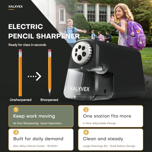 Electric Pencil Sharpener for Classroom & Kids, 6-Hole, Heavy Duty | Auto start/stop, 4s Sharpening, Plug-in, Fits 6-12 mm No. 2 and colored pencils for Home Office, 10,000+ uses, Large bin