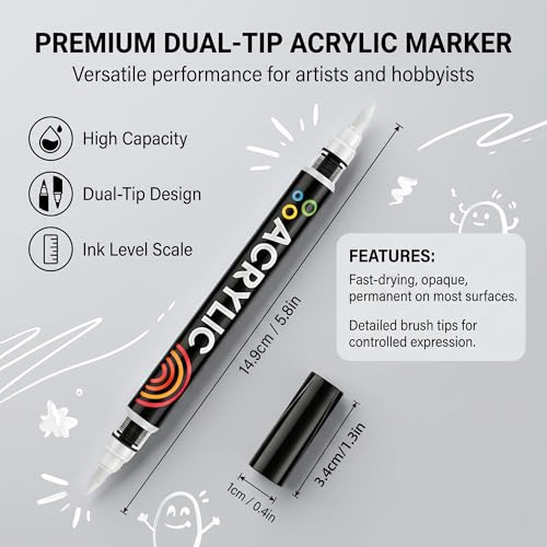 White Dual Tips Acrylic Paint Markers - Fine Tip and Brush Tip Acrylic Paint Pens for Stone,Paper,Wood,Glass,Fabric Paint,DIY Crafts (6, White) - color: White