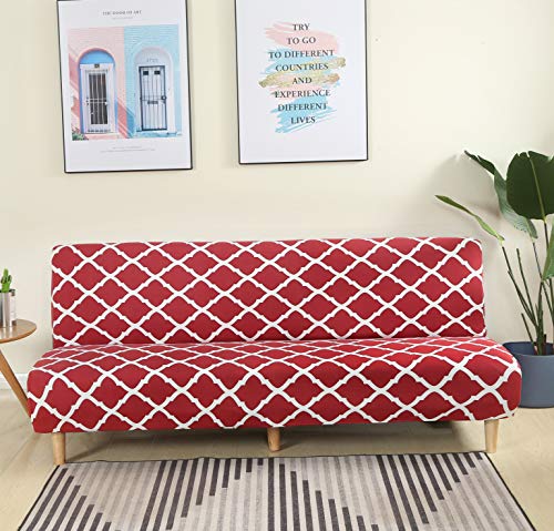 MIFXIN Armless Sofa Cover Futon Slipcover Stretch Elastic Folding Sofa Bed Non-Armrest Couch Furniture Protector Printed Washable Sofa Cover Without Armrests (Red+White) - color: Red+white