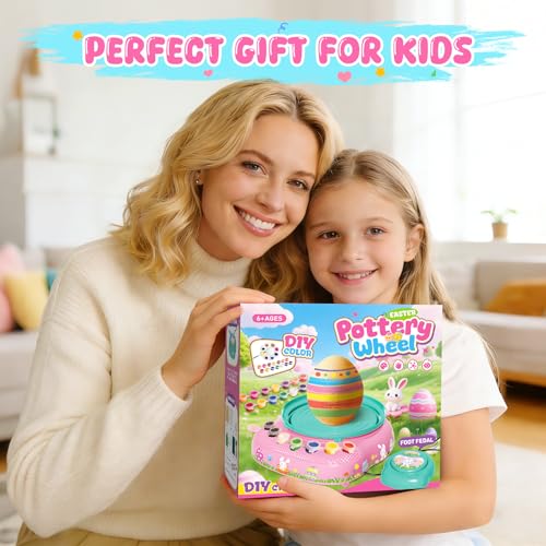 Weilim Pottery Wheel for Kids Beginners, Air-Dry Clay & Paint Kit Ages 6-12 | 3 Clay Packs, 14 Paint Colors, Sculpting Tools, Brushes, Palette,Apron; Gentle Beginner Spin, USB Rechargeable, No Oven - color: Easter
