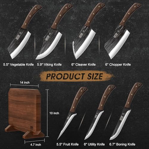 HOSHANHO 8PCS Butcher Kitchen Knife Set, Sharp Magnetic Knife Block Set | Hand Forged High Carbon Stainless Steel Chef Knives Set with Meat Cleaver Knife & Bone Chopper Knives Gift for Men - size: 6"