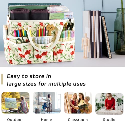 Craft Organizer Tote Bag with Multiple Pockets,Scrapbooking Art Storage | Portable Travel Containers for Caddy,Art and Craft Sewing Bag,Daily Use and Office Supplies Storage.Red Flower - color: Red Flower