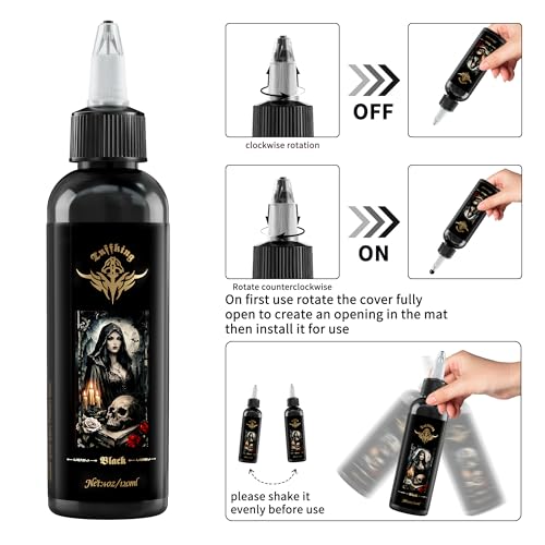 Black Tattoo Ink - 4 oz / 120ml Permanent Ink for Lining Shading Blending Tribal & Realistic Work - Dark Formula Long-Lasting Vivid Color Tattoo Supply