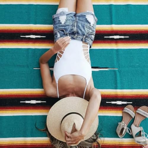 Open Road Goods Mexican Diamond Blanket - XL Heavyweight Yoga Blanket – Handmade in Mexico - Thick Boho Serape Saltillo Style Throw for Beach, Picnic, Home, Camping and More! (Teal Sunset) - color: Teal Sunset