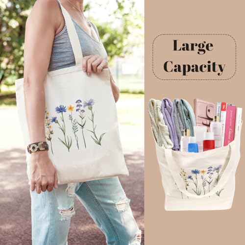 Aesthetic Canvas Tote Bag for Women with Inner Pocket - color: Flower-blue