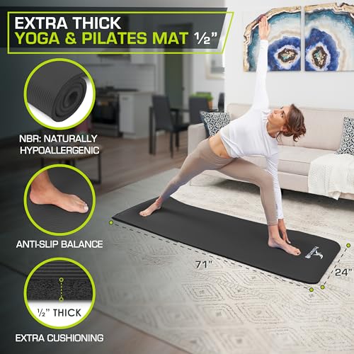 ProsourceFit Extra Thick Yoga and Pilates Mat 1/2” (13mm) or 1" (25mm), 71-inch Long High Density Exercise Mat with Comfort Foam and Carrying Strap - color: Black, size: 1/2"