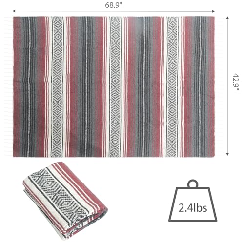 Handwoven Mexican Blanket - Lightweight Yoga, Beach, Camping & Picnic Blanket - Durable Blanket for Outdoor, Equestrian & Home Decor (Burgundy)