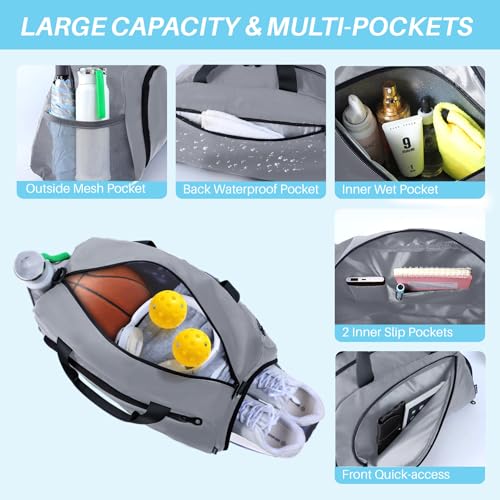Small Gym Bag with Shoes Compartment&Wet Pocket,Unisex Sport Bag - color: Silver Grey
