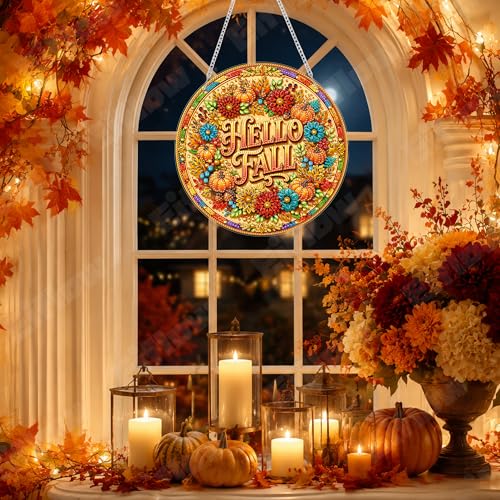 Eiflow Acrylic Diamond Art Hanging Kit for Adults, DIY Diamonds Painting Door Hanger Board Kit, Special Crystal Diamond Art Painting Pendant Ornament (Hello Fall) - color: Hello Fall