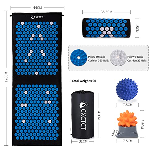 Extra Long Yoga Acupressure Mat Set,Massage Acupuncture Mat Large,Magnetic Mat Acupressure Body mat and Pillow for Neck Back Pain Relief(Blue) - color: Blue