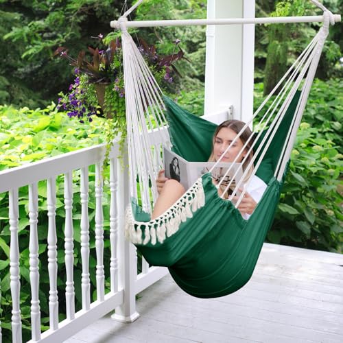 Chihee Hammock Chair Foot Rest 2 Cushions Max 485 lbs Metal Spreader Bar | Robust Hanging Chair Soft Cotton Blended Swing Collapsible Easy Storage Strong Strap Iron Carabiner Pocket Indoor Outdoor - color: Dark Green