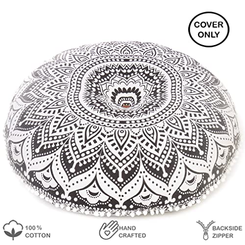 Mandala Floor Pillow Cover Meditation Cushion Seating Throw Hippie Round Colorful Decorative Bohemian Indian Pouf Ottoman Handmade Cover ONLY (Ombre Black, 32" x 32") - color: Ombre Black, size: 32" x 32" (Pack of 1)