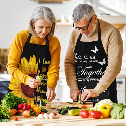 Apron with Pockets, 32x28 inch, 2 Pack, Sunflower | Butterfly Floral Botanical Adjustable Bib with Pockets for Women Men Couple Lovers Chef Home Baking Gardening - color: Black Yellow