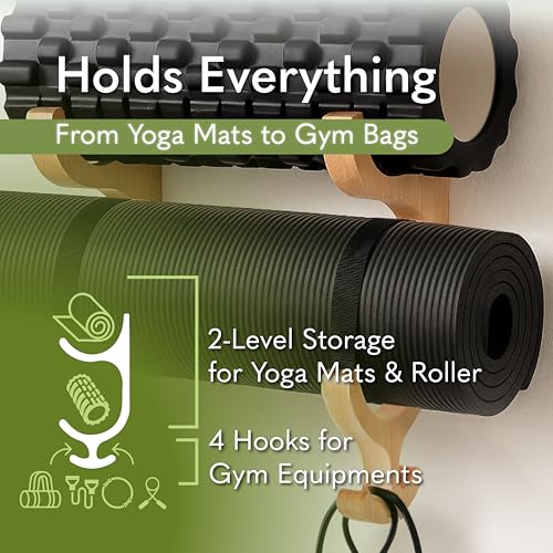 Tapeera Wooden Yoga Mat Holder Wall Mount - Home Gym Decor - Yoga Mat Storage - Garage Gym Accessories Storage & Organizer - Resistance Band Wall Mount - Gym Organization for Home