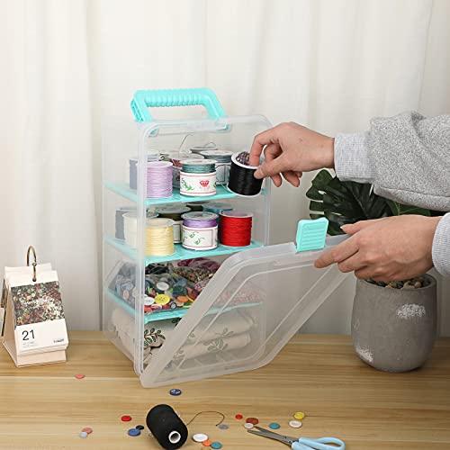 BTSKY Clear Plastic Dividing Storage Box with 4 Deep Compartment Sewing Box | 13.9x7.9x6.2 Inches Adjustable Storage Bin with Lid Portable Craft Storage Container Multipurpose Art Supply Organizer Blue - size: 13.9x7.9x6.2 Inches-Clear