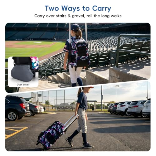 KAVIGOR 2-in-1 Rolling Baseball & Softball Bag, Detachable Backpack, Roll or Carry, Dual-Pole Anti-Tip, 3.5" Wheels, No Tools Setup - color: Pink Camo