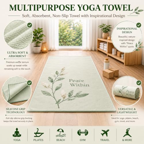 COREMOTION Non-Slip Hot Yoga Mat Towel 24" x 72", Waffle Microfiber, Super Absorbent, Quick-Dry, Silicone Grip Dots for Yoga, Pilates, Bikram, Gym, Travel, (Peace Within)