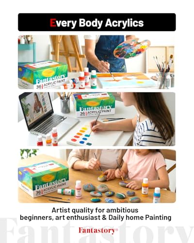 Fantastory 60ml 36 Colors Acrylic Paint Set with 12 Brushes | with 12 Brushes, Chart, Palette, Scraper, Sponge - 3 Metallic, Non-Toxic, Waterproof for Wood, Rock, Canvas, Clay, DIY, 3D - style: 36 popular Colors