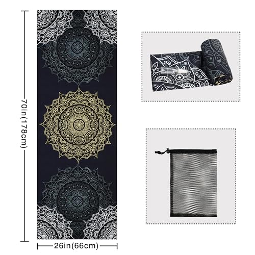 Microfiber Yoga Mat Towel with Corner Pockets - Non Slip, Moisture Wicking, Absorbent, Mandala Pattern, Easy for Travel, Use in Hot Yoga, Bikram, Pilates and Fitness - color: Mandala Black, size: 70"x26"