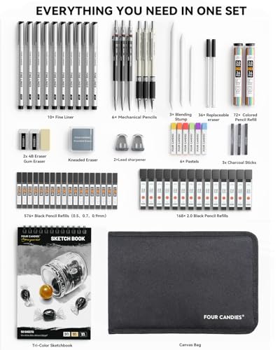 Four Candies 73PCS Advanced Drawing Kit with Professional Art Supplies | Fineliner Pens, Mechanical Pencils, 3-Color Sketchbook, Charcoal Sticks,Pastels for Sketching Drawing Comics, Artists