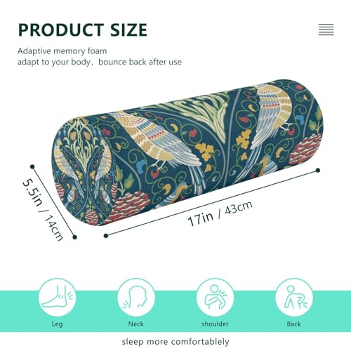 Green Birds Flower Vintage Neck Roll Pillow Bolster Round Health Memory Foam Long Cervical Cylinder Body Pillows with Removable Washable Cover for Bed Legs Back Yoga - color: Bird 40